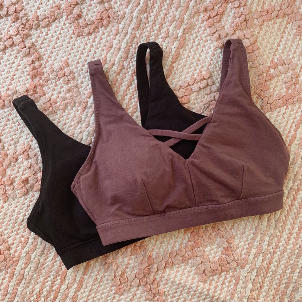 {SET} Black and Purple Pact Criss Cross Organic Cotton Low Impact Sports Bras XS